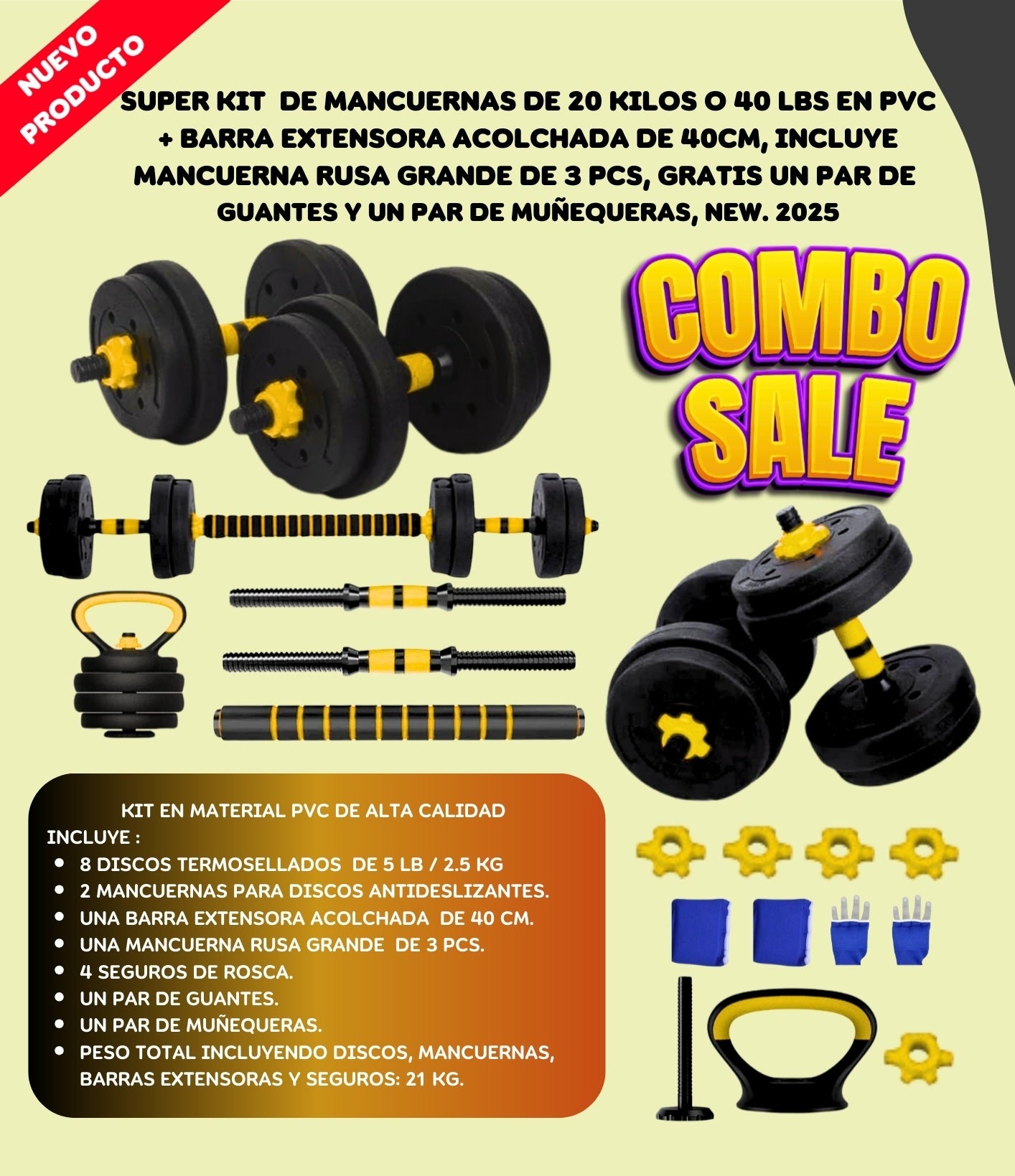 Kit Mancuernas 20 KG + Manc Rusa +Extens